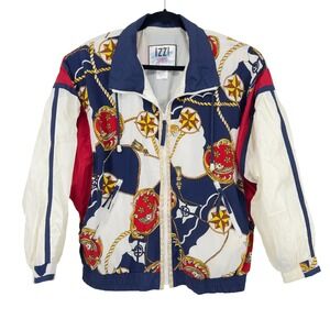 Vintage Izzi Sport Nautical Chain Print Windbreaker Jacket Red White Blue M